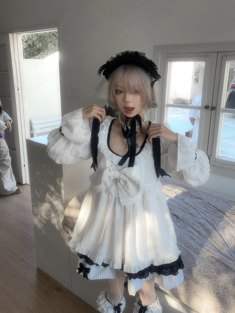 Large Bow Jacquard Striped Lace Black&White Doll Dress【s0000018625】