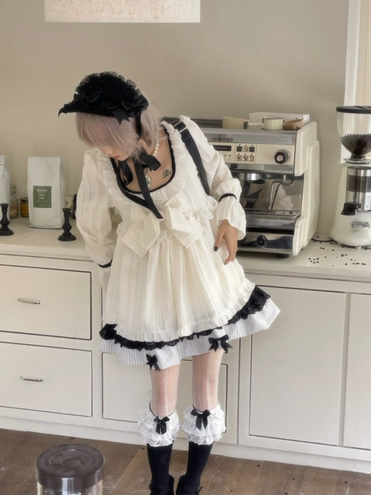 Large Bow Jacquard Striped Lace Black&White Doll Dress【s0000018625】