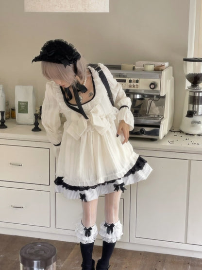 Large Bow Jacquard Striped Lace Black&White Doll Dress【s0000018625】