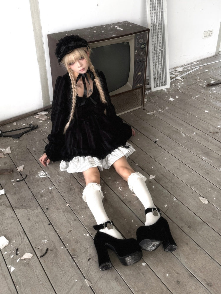 Large Bow Jacquard Striped Lace Black&White Doll Dress【s0000018625】