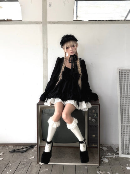 Large Bow Jacquard Striped Lace Black&White Doll Dress【s0000018625】