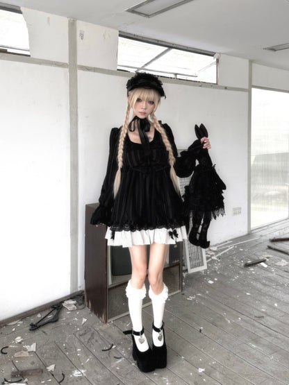 Large Bow Jacquard Striped Lace Black&White Doll Dress【s0000018625】