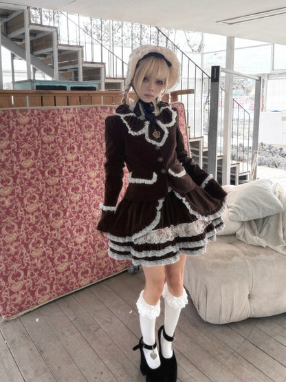 Original Brown Velvet Lace Doll Suit Cake Skirt Dress Set【s0000018626】