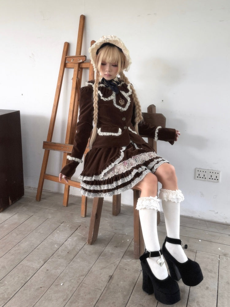 Original Brown Velvet Lace Doll Suit Cake Skirt Dress Set【s0000018626】