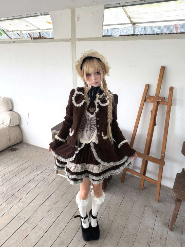 Original Brown Velvet Lace Doll Suit Cake Skirt Dress Set【s0000018626】