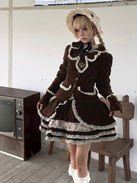 Original Brown Velvet Lace Doll Suit Cake Skirt Dress Set【s0000018626】