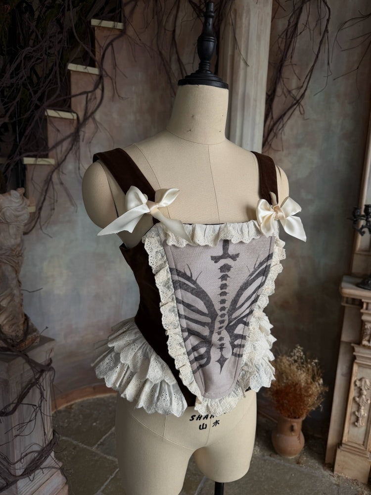 Original Velvet Lace Fishbone Corset Tank Top Puff Sleeves Lotus Root Sleeve Shirt【s0000018627】