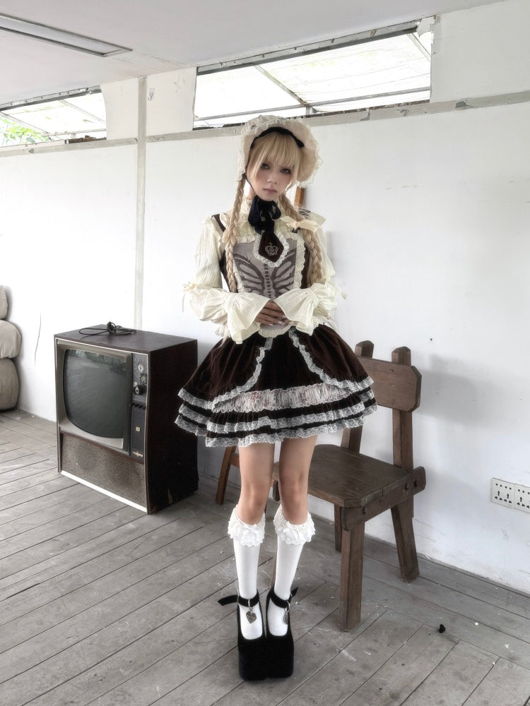 Original Velvet Lace Fishbone Corset Tank Top Puff Sleeves Lotus Root Sleeve Shirt【s0000018627】
