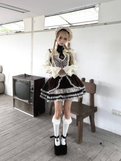 Original Velvet Lace Fishbone Corset Tank Top Puff Sleeves Lotus Root Sleeve Shirt【s0000018627】