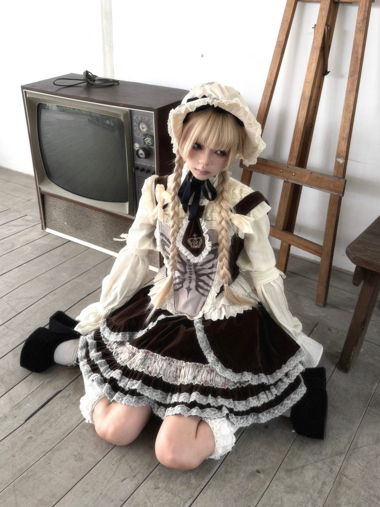 Original Velvet Lace Fishbone Corset Tank Top Puff Sleeves Lotus Root Sleeve Shirt【s0000018627】