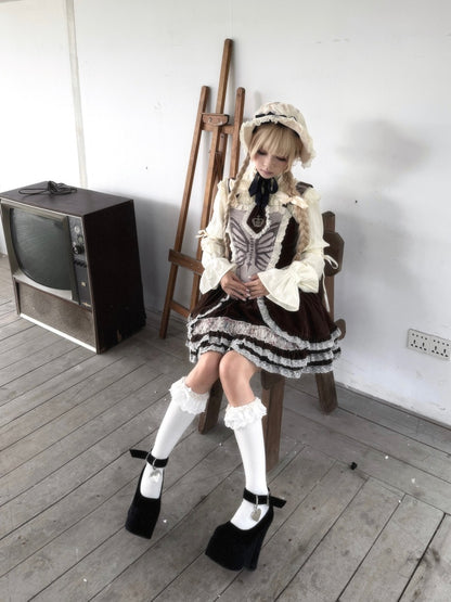 Original Velvet Lace Fishbone Corset Tank Top Puff Sleeves Lotus Root Sleeve Shirt【s0000018627】