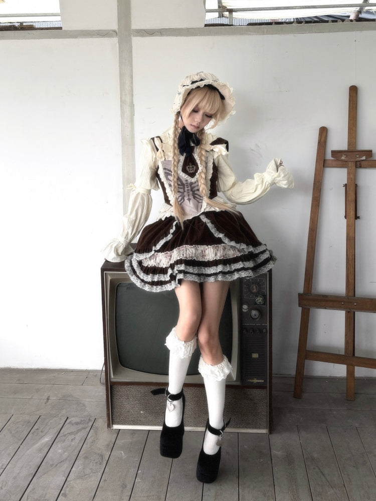 Original Velvet Lace Fishbone Corset Tank Top Puff Sleeves Lotus Root Sleeve Shirt【s0000018627】