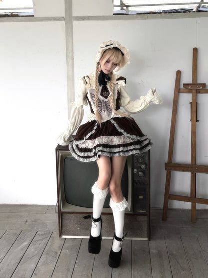 Original Velvet Lace Fishbone Corset Tank Top Puff Sleeves Lotus Root Sleeve Shirt【s0000018627】