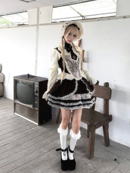 Original Velvet Lace Fishbone Corset Tank Top Puff Sleeves Lotus Root Sleeve Shirt【s0000018627】