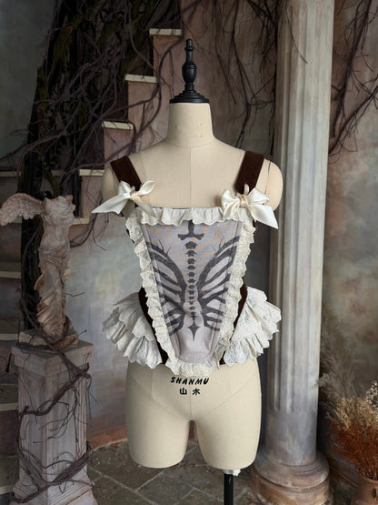 Original Velvet Lace Fishbone Corset Tank Top Puff Sleeves Lotus Root Sleeve Shirt【s0000018627】