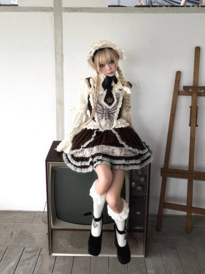 Original Velvet Lace Fishbone Corset Tank Top Puff Sleeves Lotus Root Sleeve Shirt【s0000018627】