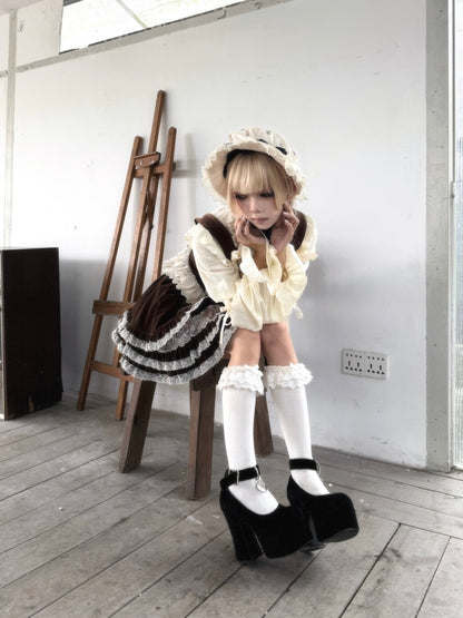 Original Velvet Lace Fishbone Corset Tank Top Puff Sleeves Lotus Root Sleeve Shirt【s0000018627】
