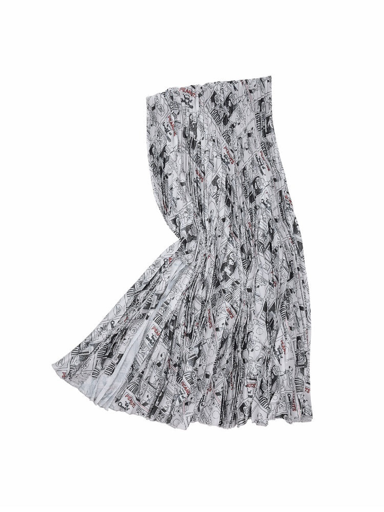 1JINN STUDIO x Snoopy Collaboration Newspaper Full-Print Pleated Midi Skirt【s0000018630】