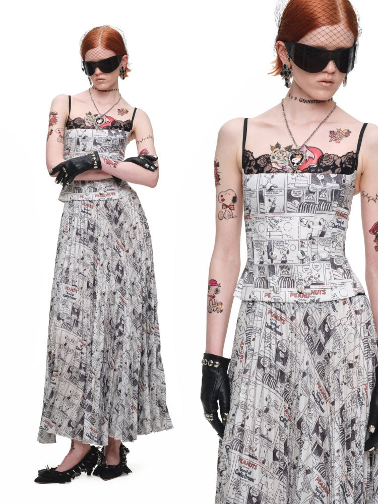1JINN STUDIO x Snoopy Collaboration Newspaper Full-Print Pleated Midi Skirt【s0000018630】