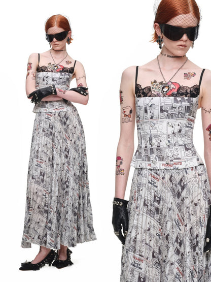 1JINN STUDIO x Snoopy Collaboration Newspaper Full-Print Pleated Midi Skirt【s0000018630】