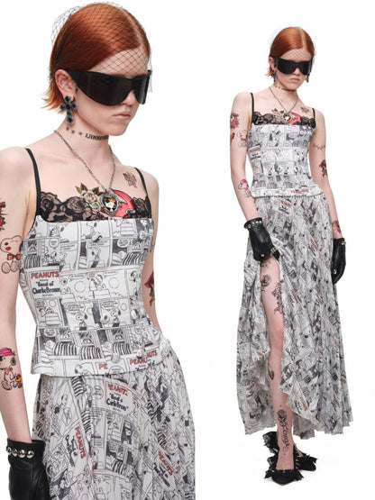 1JINN STUDIO x Snoopy Collaboration Newspaper Full-Print Pleated Midi Skirt【s0000018630】