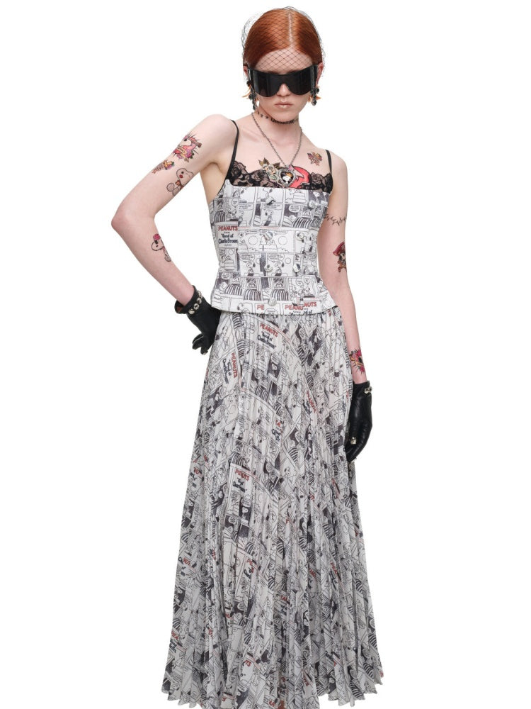 1JINN STUDIO x Snoopy Collaboration Newspaper Full-Print Pleated Midi Skirt【s0000018630】