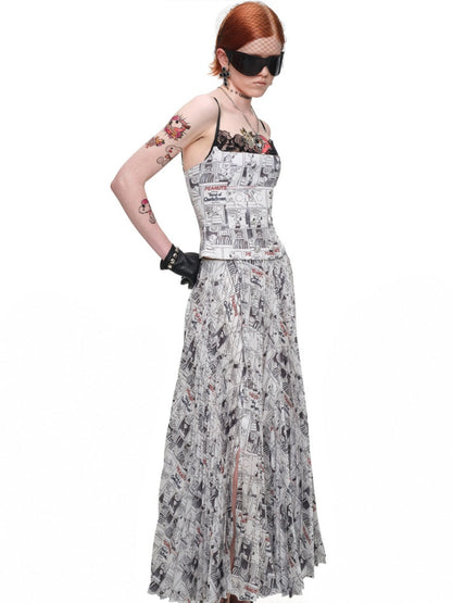 1JINN STUDIO x Snoopy Collaboration Newspaper Full-Print Pleated Midi Skirt【s0000018630】
