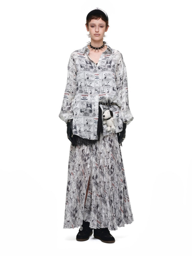 1JINN STUDIO x Snoopy Collaboration Newspaper Full-Print Pleated Midi Skirt【s0000018630】