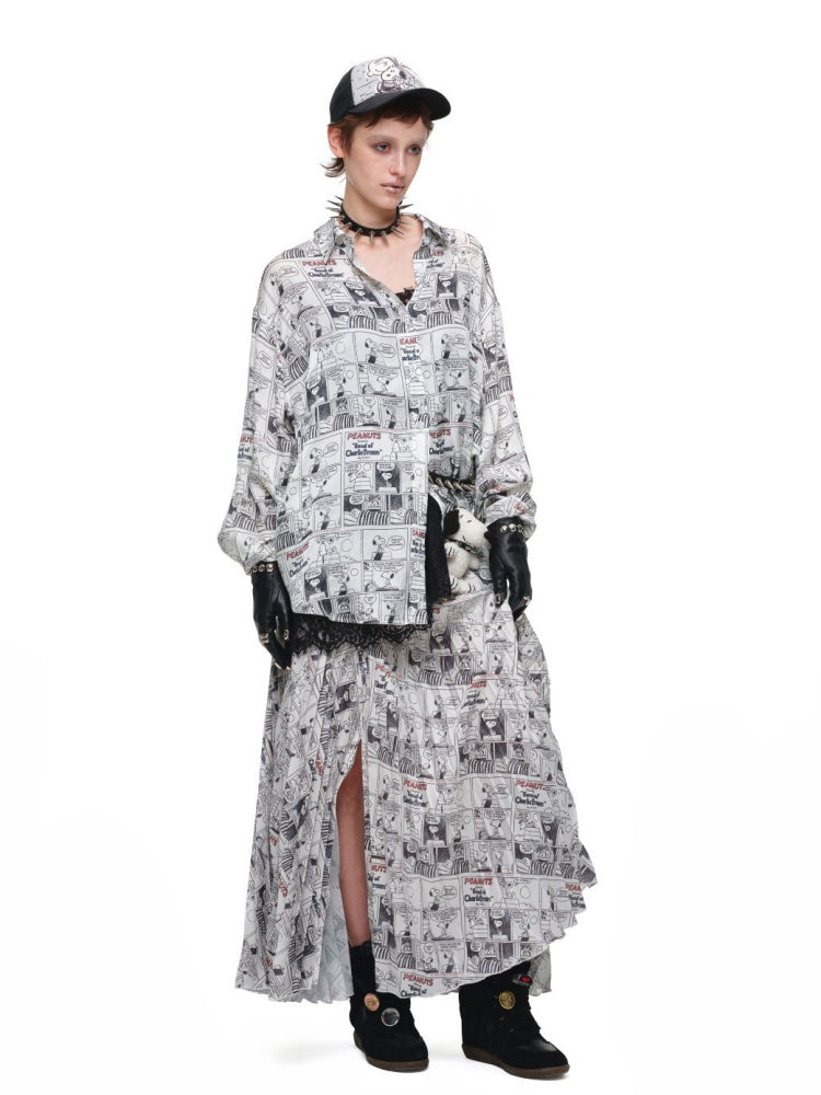 1JINN STUDIO x Snoopy Collaboration Newspaper Full-Print Pleated Midi Skirt【s0000018630】