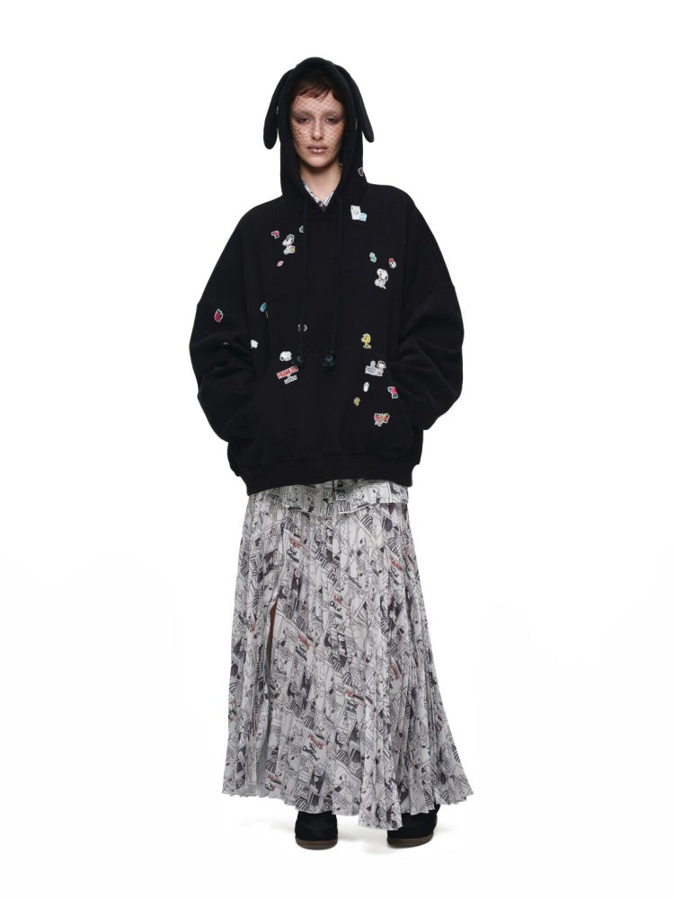 1JINN STUDIO x Snoopy Collaboration Newspaper Full-Print Pleated Midi Skirt【s0000018630】