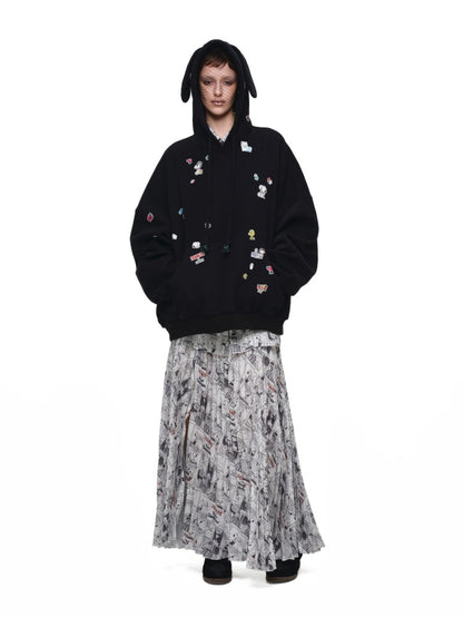 1JINN STUDIO x Snoopy Collaboration Newspaper Full-Print Pleated Midi Skirt【s0000018630】