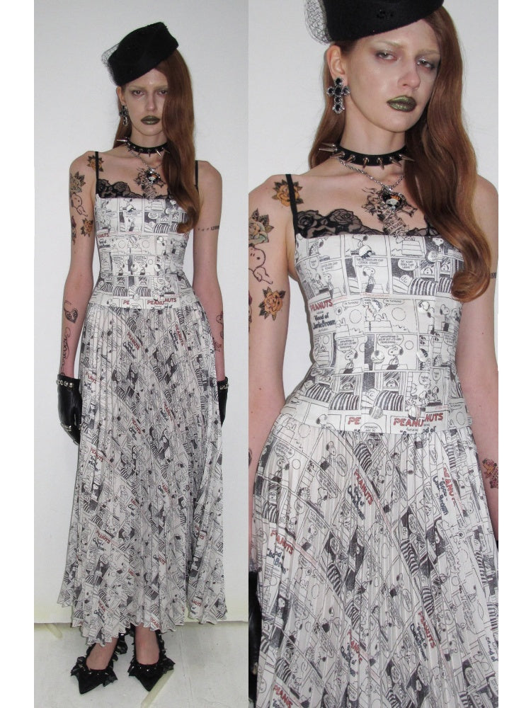 1JINN STUDIO x Snoopy Collaboration Newspaper Full-Print Pleated Midi Skirt【s0000018630】