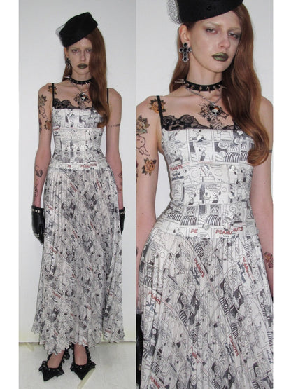 1JINN STUDIO x Snoopy Collaboration Newspaper Full-Print Pleated Midi Skirt【s0000018630】