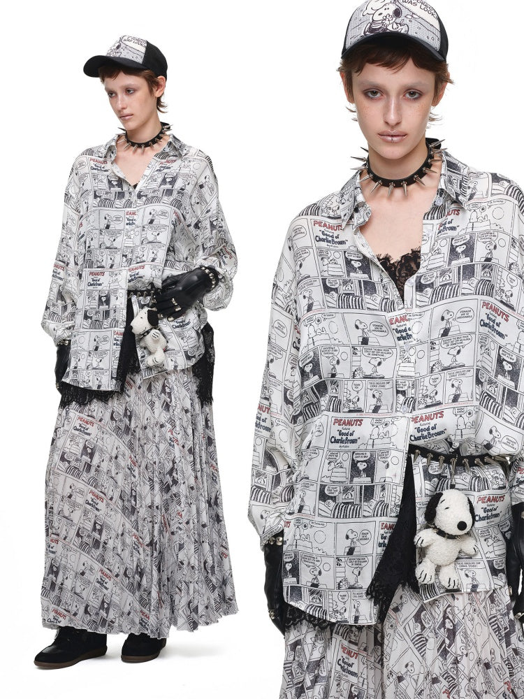 1JINN STUDIO x Snoopy Collaboration Newspaper Full-Print Pleated Midi Skirt【s0000018630】