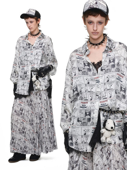 1JINN STUDIO x Snoopy Collaboration Newspaper Full-Print Pleated Midi Skirt【s0000018630】