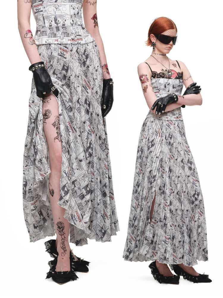 1JINN STUDIO x Snoopy Collaboration Newspaper Full-Print Pleated Midi Skirt【s0000018630】