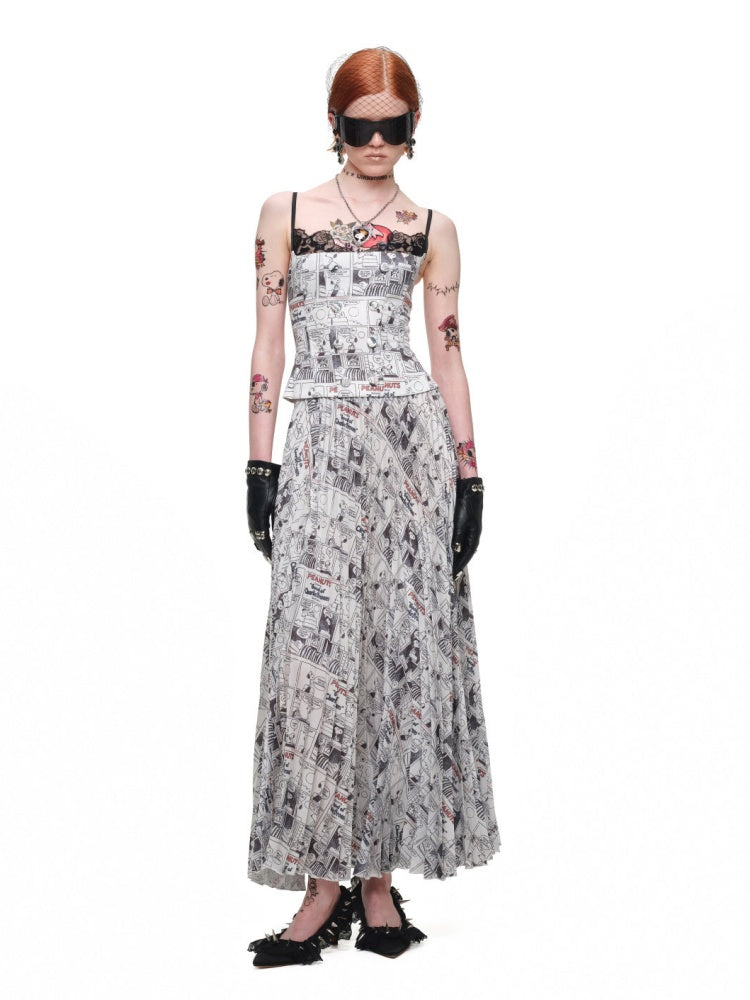 1JINN STUDIO x Snoopy Collaboration Newspaper Full-Print Pleated Midi Skirt【s0000018630】