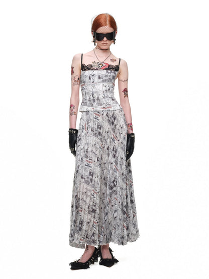 1JINN STUDIO x Snoopy Collaboration Newspaper Full-Print Pleated Midi Skirt【s0000018630】
