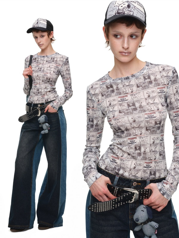 1JINN STUDIO x Snoopy Collaboration Color-Blocking Embroidered Jeans【s0000018631】