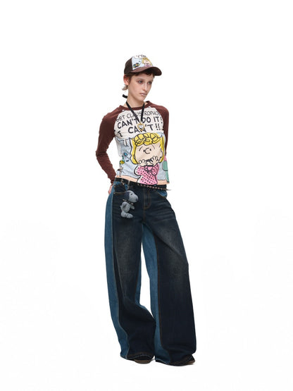 1JINN STUDIO x Snoopy Collaboration Color-Blocking Embroidered Jeans【s0000018631】