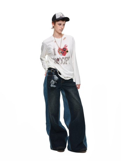 1JINN STUDIO x Snoopy Collaboration Color-Blocking Embroidered Jeans【s0000018631】