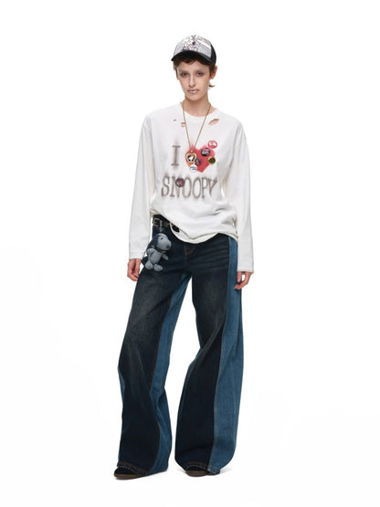 1JINN STUDIO x Snoopy Collaboration Color-Blocking Embroidered Jeans【s0000018631】