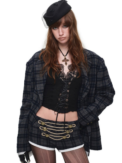 Vintage Napoleon Plaid Patchwork Woolen Ultra Shorts【s0000018633】