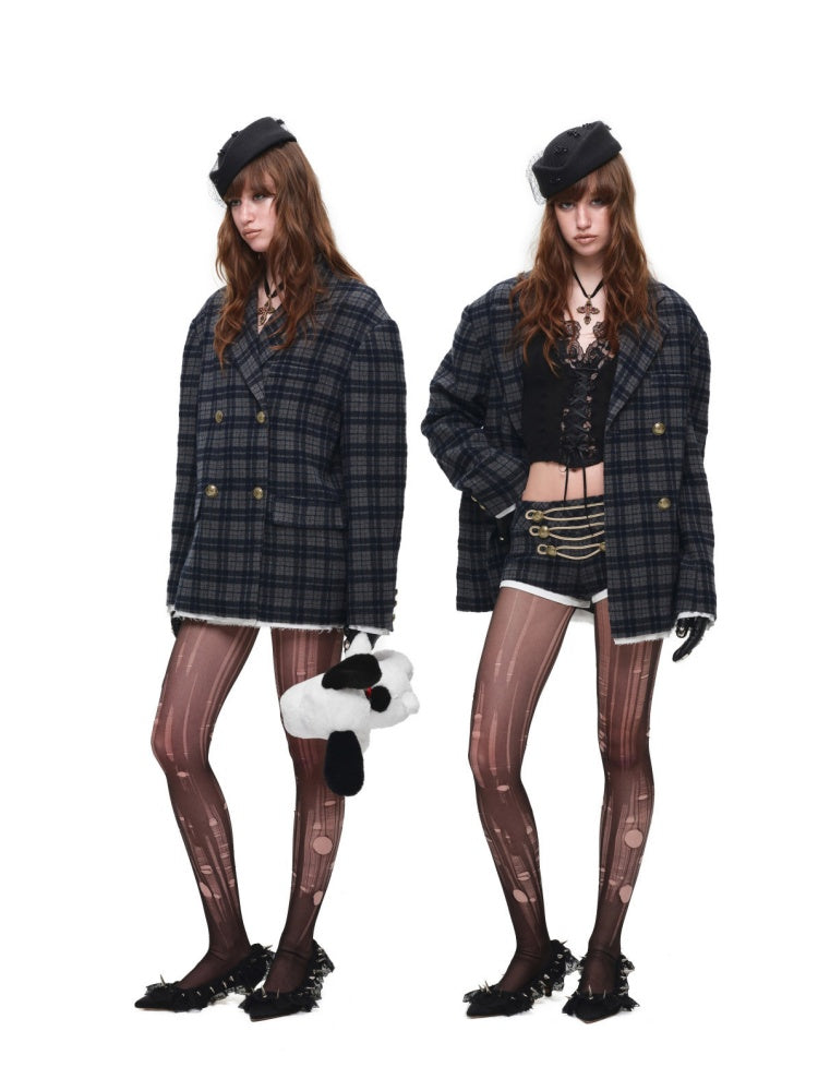 Vintage Napoleon Plaid Patchwork Woolen Ultra Shorts【s0000018633】