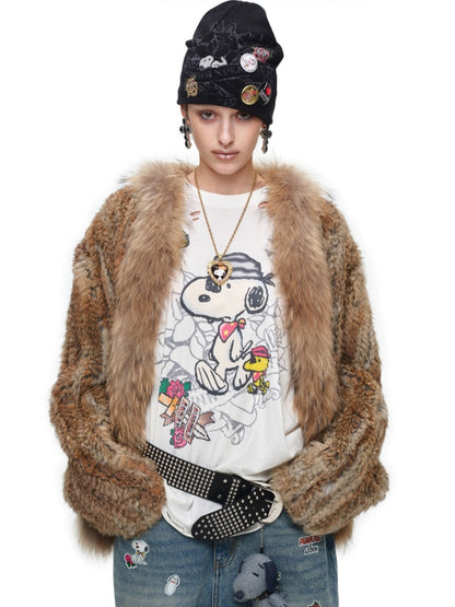 Natural Woven Raccoon Rabbit Fur Collar Coat【s0000018635】