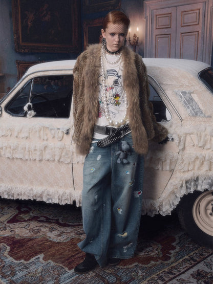 Natural Woven Raccoon Rabbit Fur Collar Coat【s0000018635】