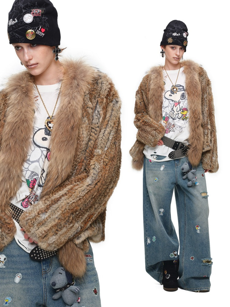 Natural Woven Raccoon Rabbit Fur Collar Coat【s0000018635】