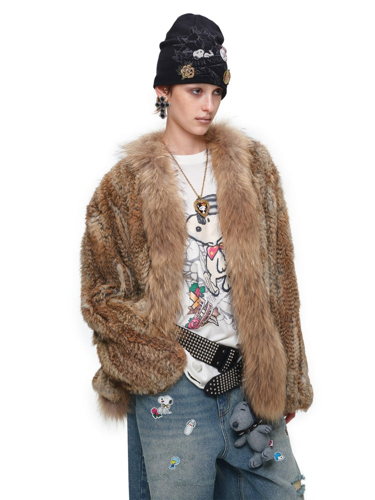 Natural Woven Raccoon Rabbit Fur Collar Coat【s0000018635】