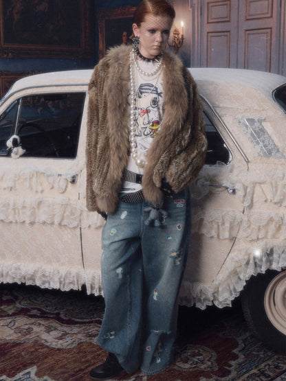 Natural Woven Raccoon Rabbit Fur Collar Coat【s0000018635】
