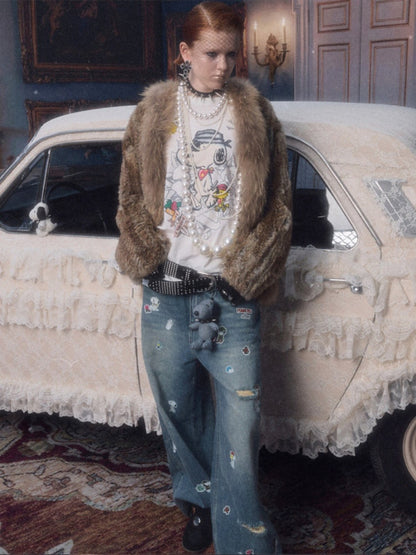 Natural Woven Raccoon Rabbit Fur Collar Coat【s0000018635】